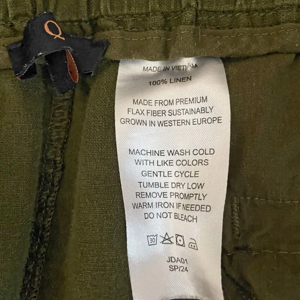 Quince European Linen Wide Leg Pants Size XL Olive Green Elastic Waist Pockets